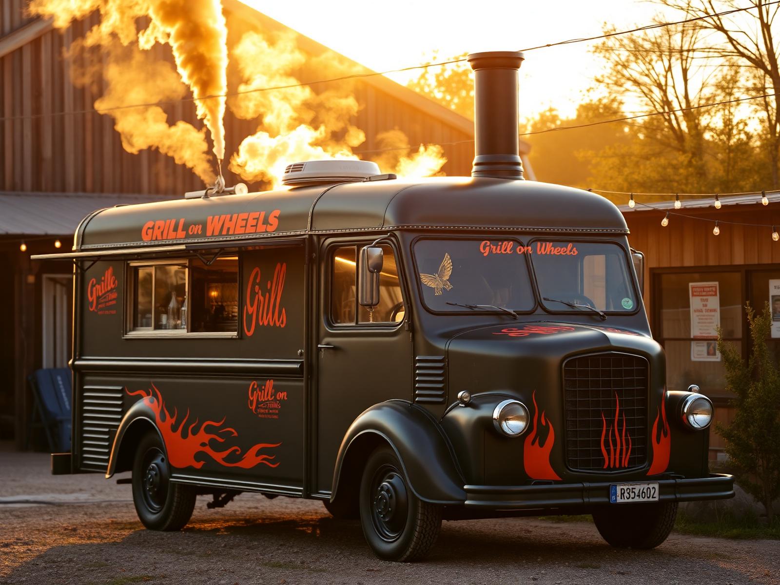 Grill on Wheels vintage food truck with smoke rising at golden hour